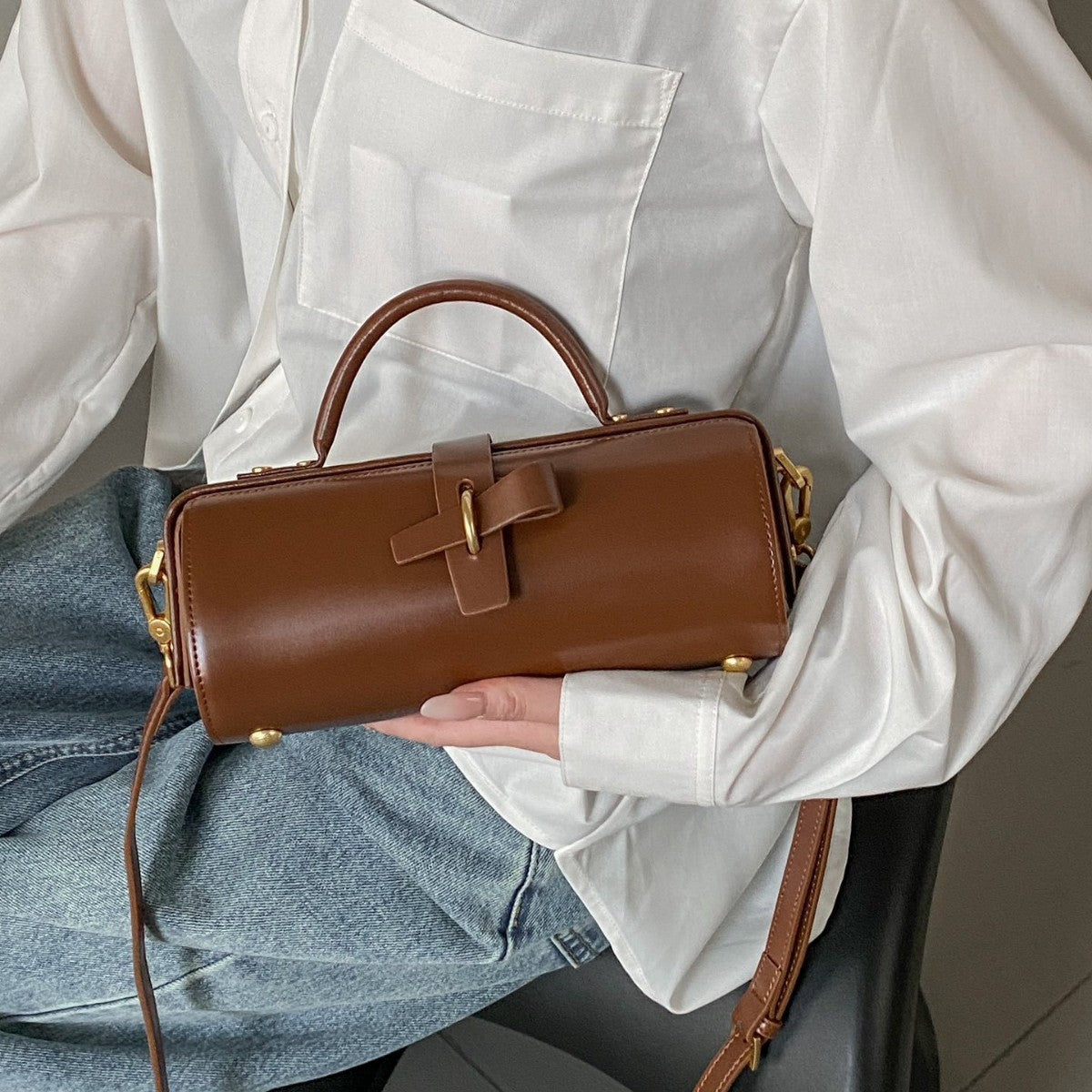 Nora - Cylinder Messenger Bag in Genuine Leather